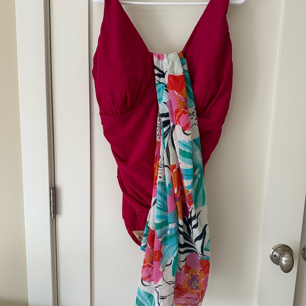 Women’s Lands End Magenta Swimsuit with Floral Sarong